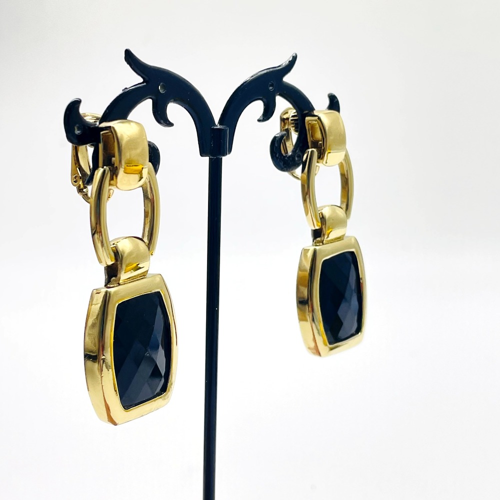 Anne Klein Signed Earrings Black Faceted Bead Gold Tone Dangle Clip On Statement - Picture 11 of 11
